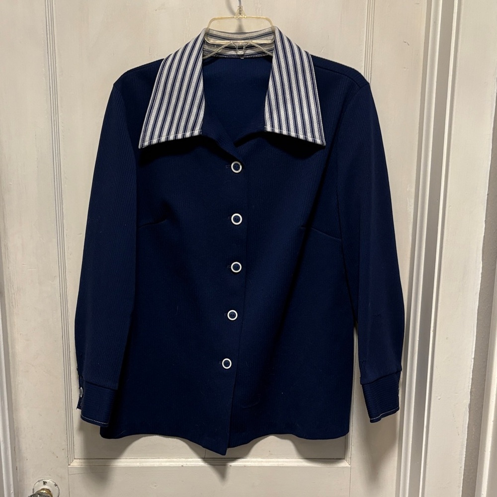 Vintage 70’s Navy Blue Women's Button Down Top with Striped Collar
